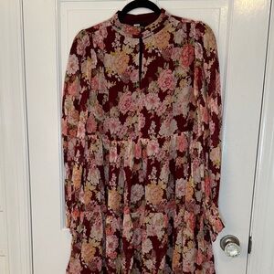 Yumi Kim Burgundy‎ Floral Long Sleeve Dress size S NWOT